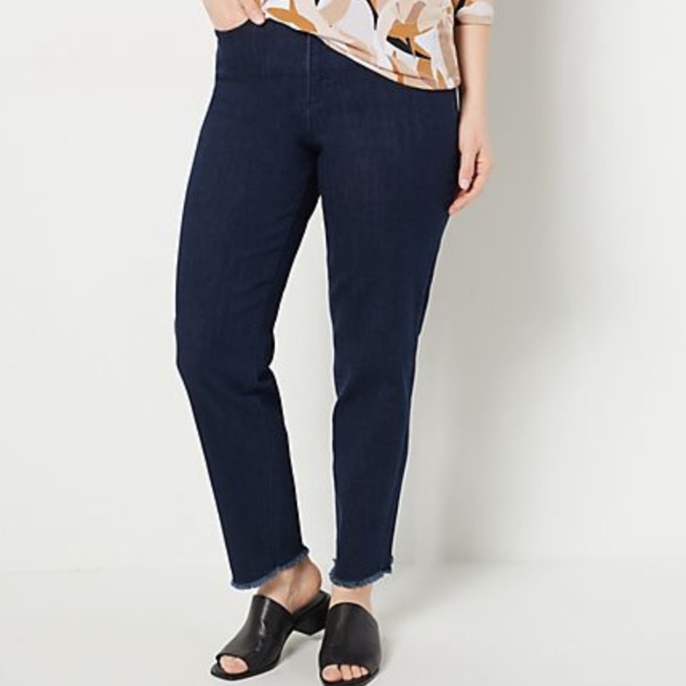 Susan Graver straight ankle dark wash blue jean with frayed hem 20W